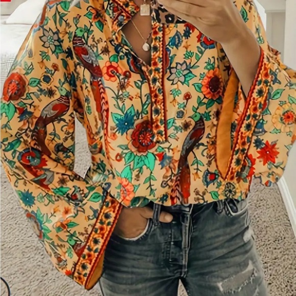 NWOT Women’s Boho Style Long Bell Sleeves Size Small Casual Blouse Orange - Picture 1 of 13